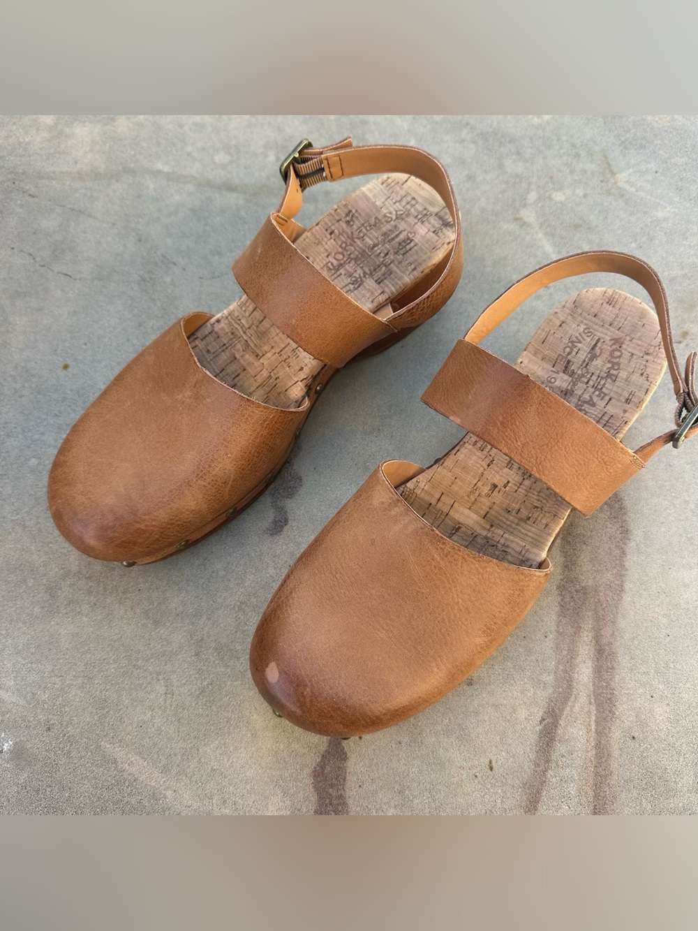 Kork-Ease Sayda Leather & Wood Brown Mary Jane Clogs Shoes Size 9